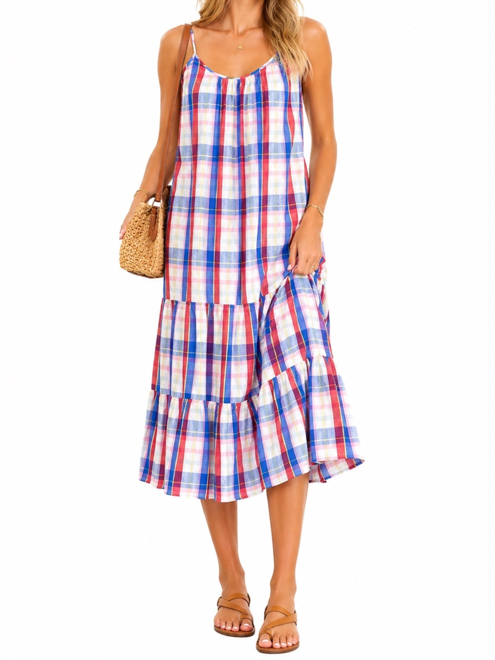 Peyton & Parker Plaid Tiered Midi Dress Cotton Summer Sundress Size Large